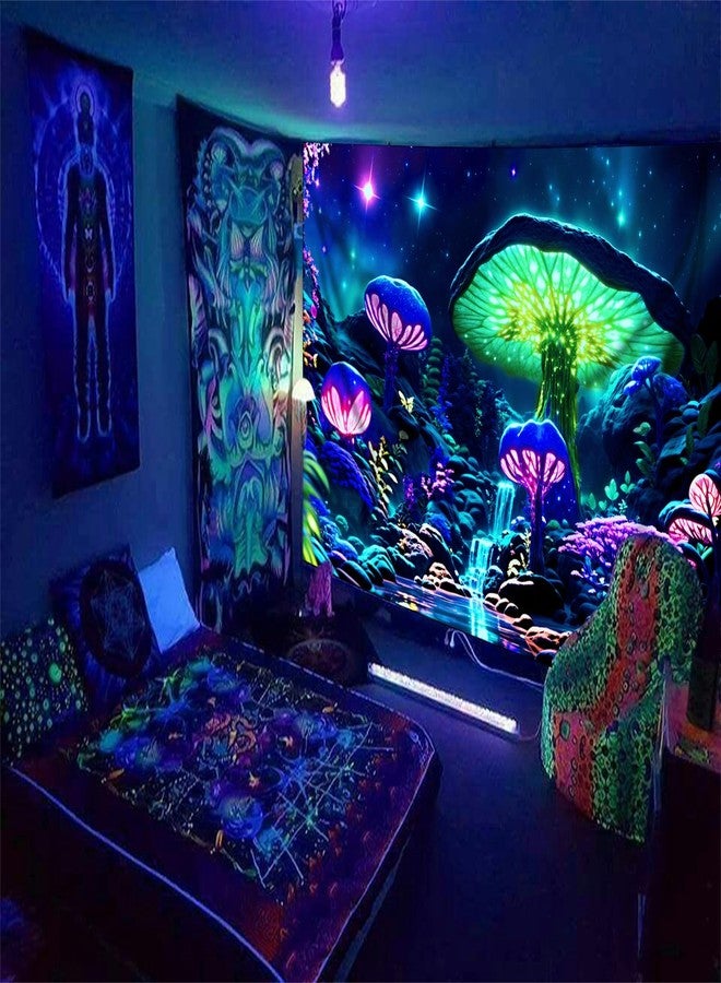 PSYHILAR Blacklight Poster Mushroom Tapestry for Bedroom Aesthetic, Colorful Neon Forest Wall Art Black Light Posters for Adults (59 x 51 Inches) - Image 2